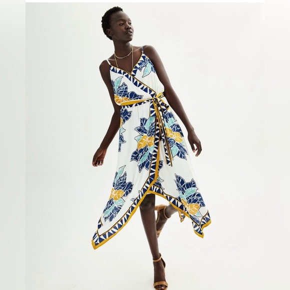 Nine West Asymmetrical Belted Dress in Blue and Yellow XL NWT - Picture 6 of 7